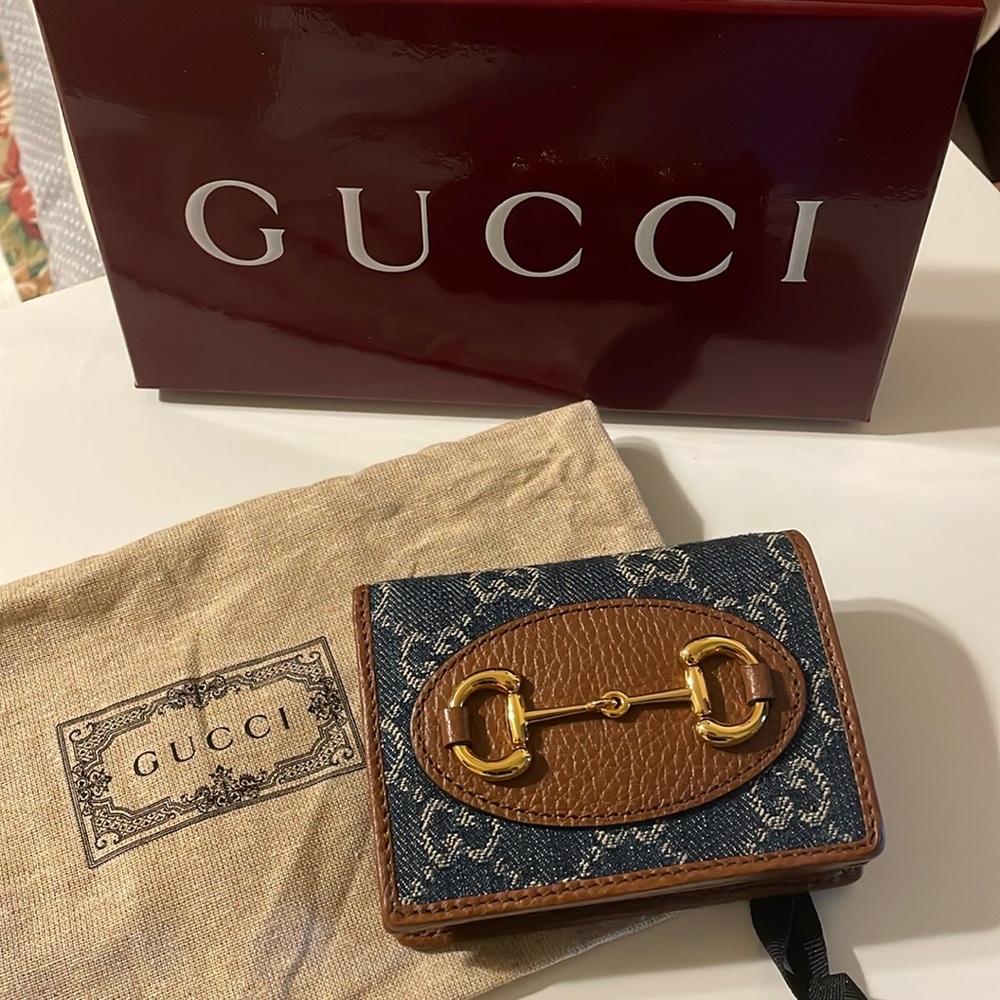 Gucci 1955 blue denim brown leather card holder